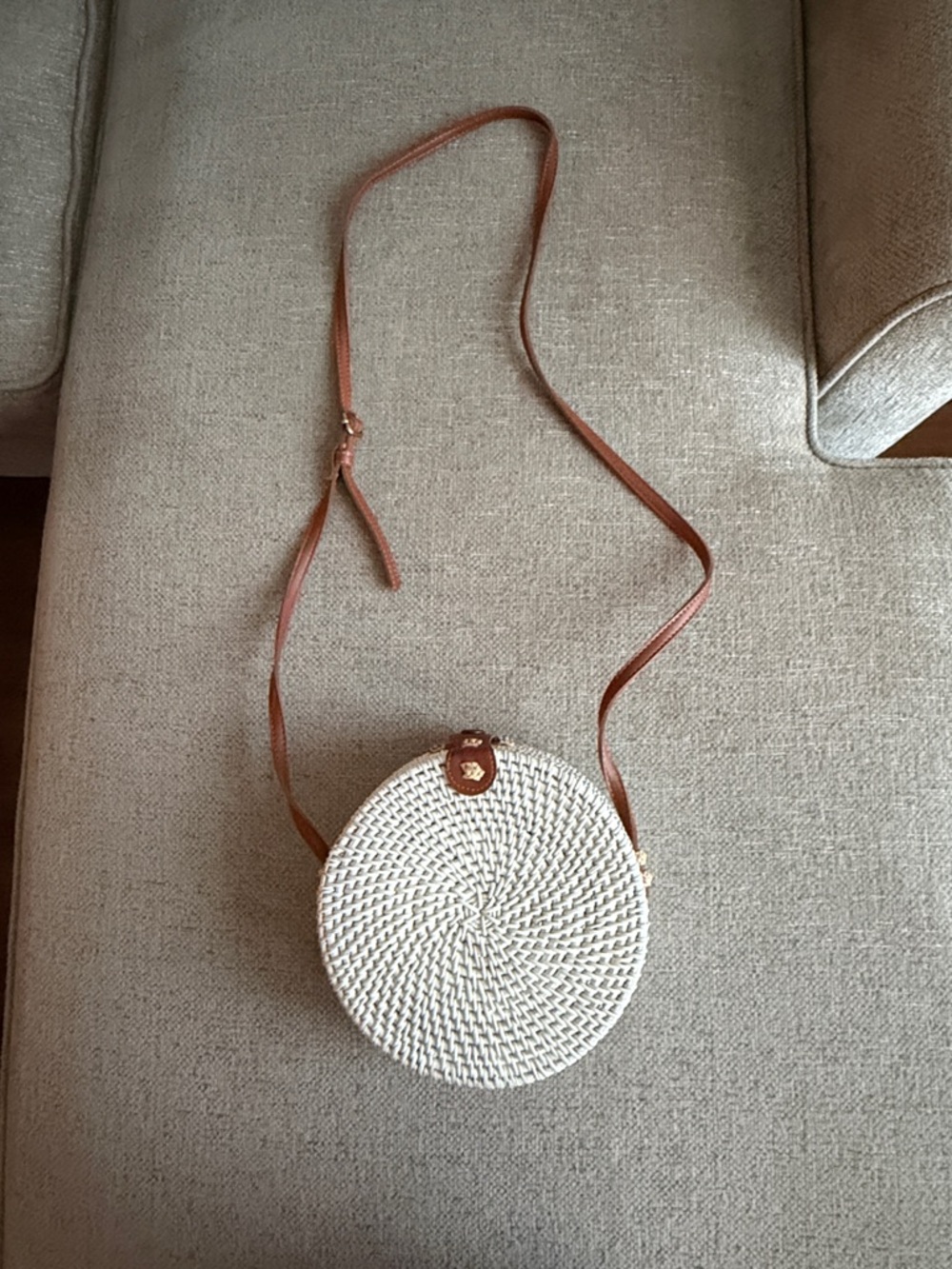 Woven Round Crossbody Bag in White and Brown
